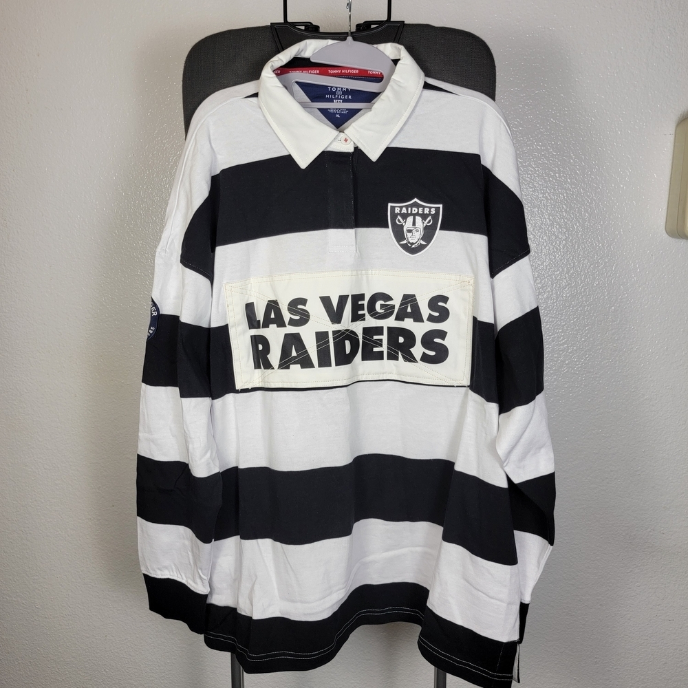 NFL Women's Tommy Hilfiger Rugby Top Long Sleeve Las Vegas Raiders BLACK Size XL